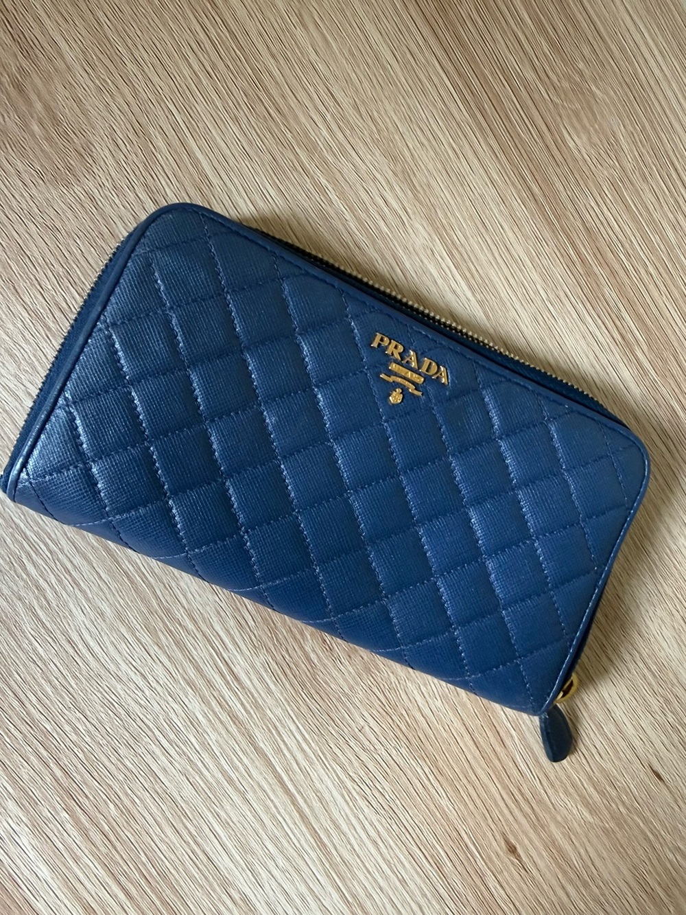 Prada Navy Quilted Leather Zip Wallet with Gold Logo